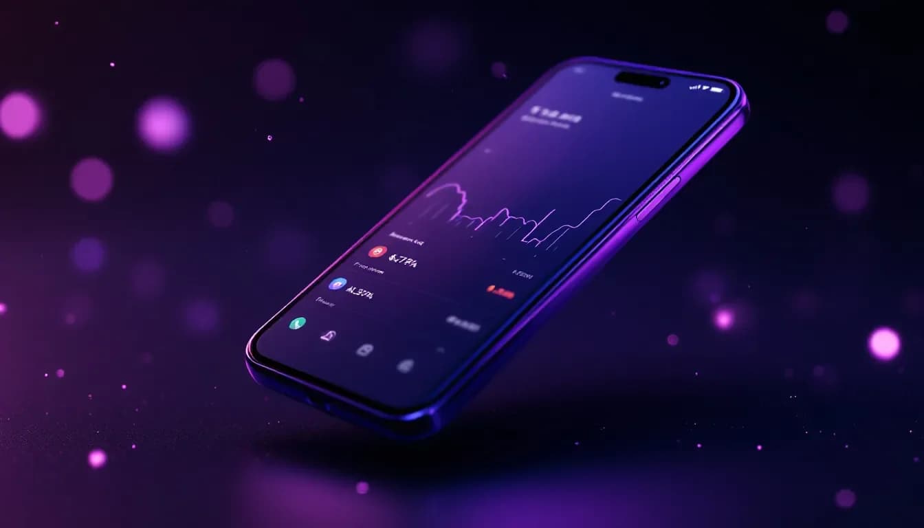 Smartphone floating in a dark violet scene, showing the Tallio dark-mode expense app